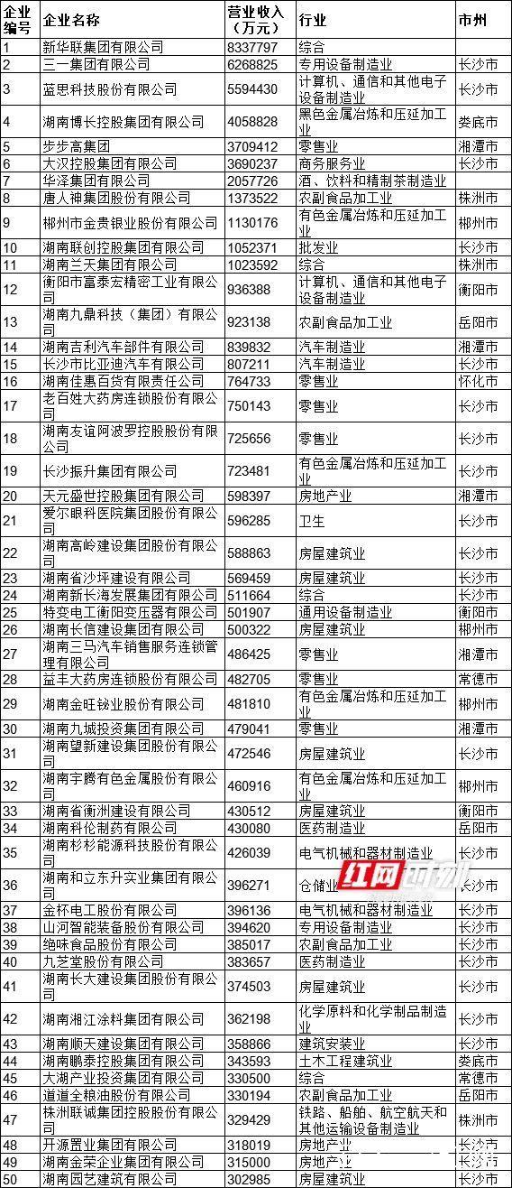 湖南省民營企業百強名單